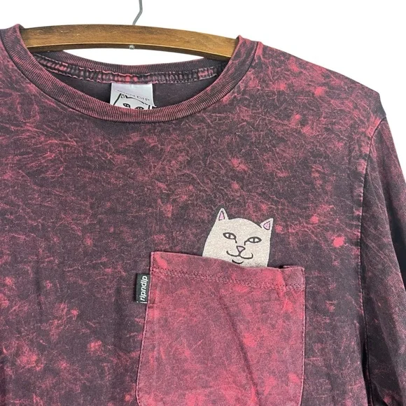 RIPNDIP Lord Nermal Shirt Men Size S Pocket Tee Burgundy Long Sleeve SZ S - Picture 3 of 8